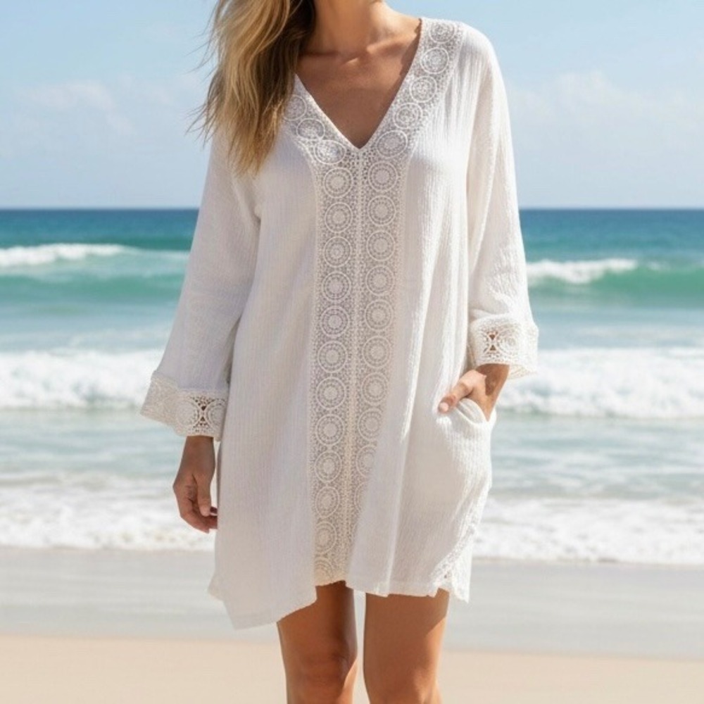 Raviya Beach Cover Up Dress Sz M  White 100% Cotton Gauze Crochet Lace Resort